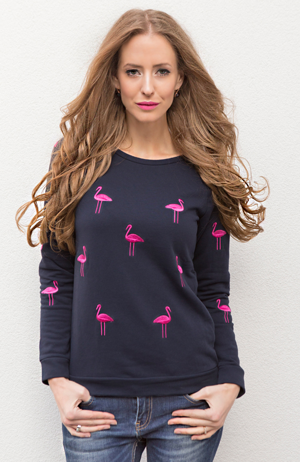 blauwe trui met roze flamingo